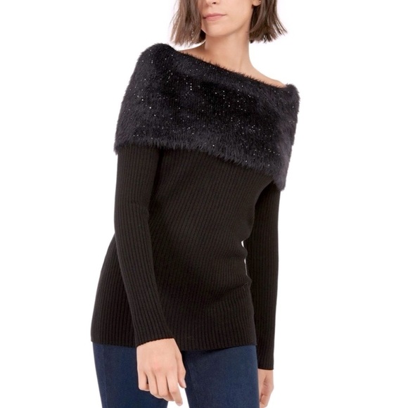 INC International Concepts- Sequined Eyelash-Knit Foldover Sweater - Picture 1 of 10
